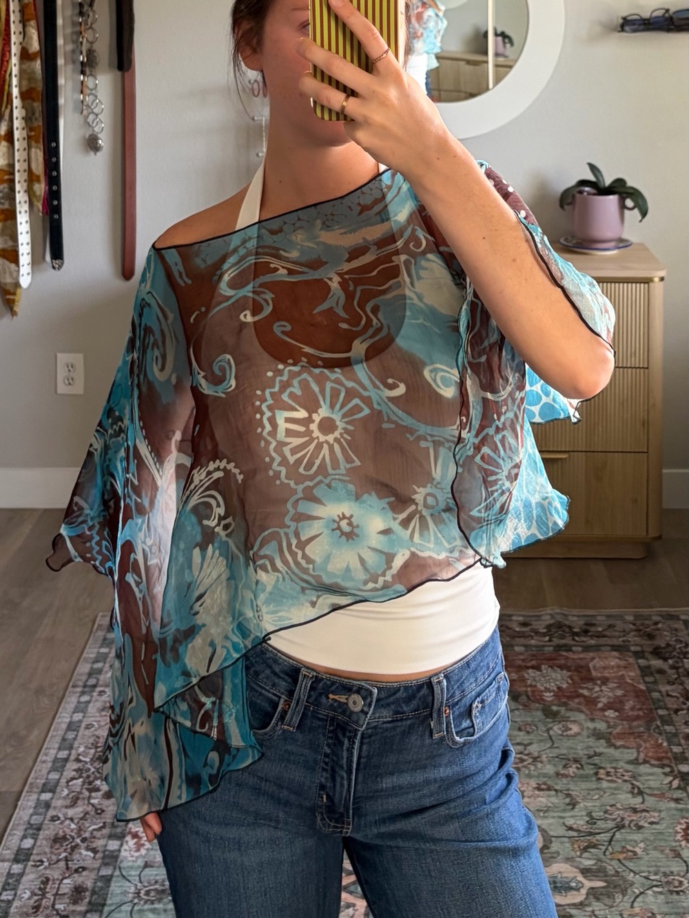 Y2K Blue Brown Sheer Asymmetrical Poncho Flutter Top